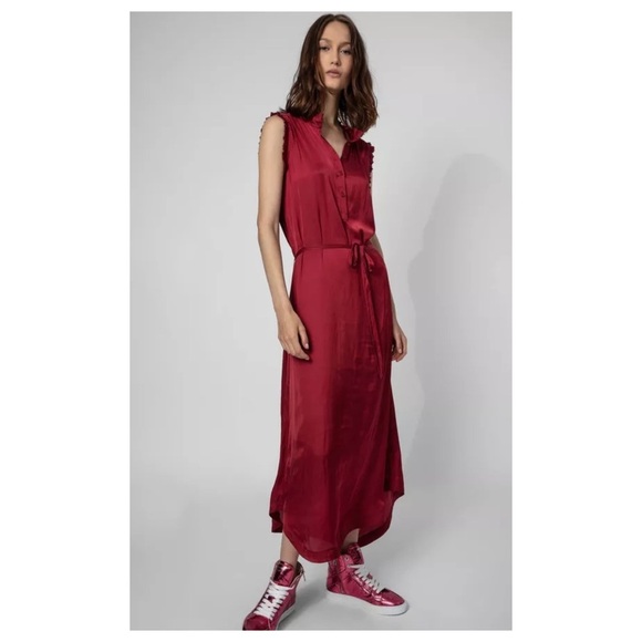Zadig & Voltaire Dresses & Skirts - Zadig & Voltaire Feminine Lightweight Raos Satin Ruffle Midi Dress In Wine XS